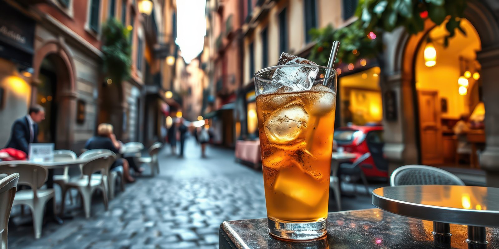 Refreshing beverage served on a table in a vibrant cobblestone street during warm evening hours